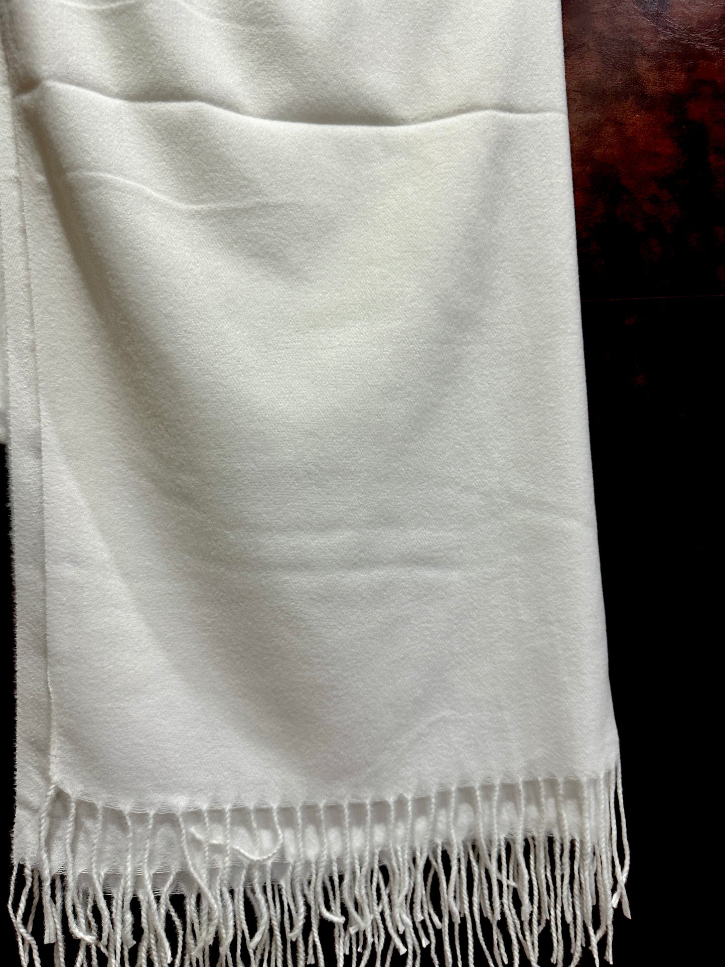Elegant Plain White Pashmina Style Shawl with Tassels