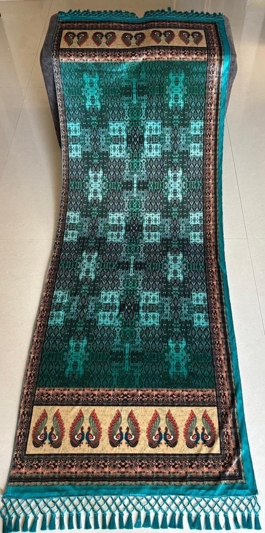 Traditional Green Ethnic  korean Shawl with Peacock Border & Tassels – Festive Wrap