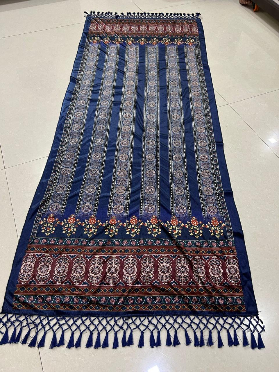 Traditional Blue Printed korean velvet with Tassels – Ethnic Wrap for Women