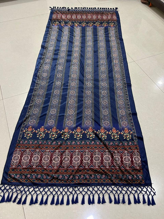 Traditional Blue Printed korean velvet with Tassels – Ethnic Wrap for Women