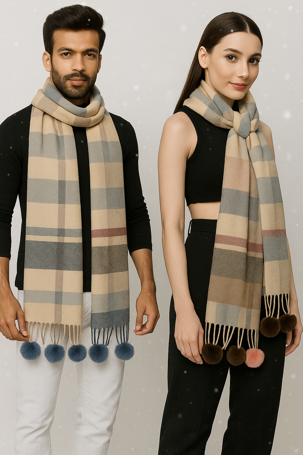 Unisex Checkered Winter Scarf with Pom-Pom Tassels