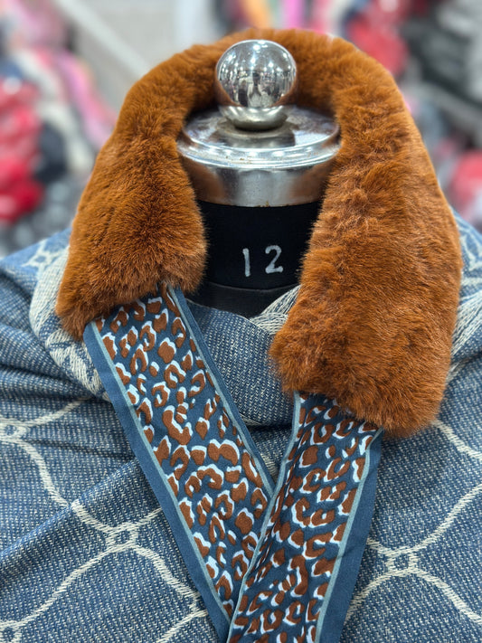 Luxury Faux Fur Neck Warmer – Coffee Brown Collar with Printed Border