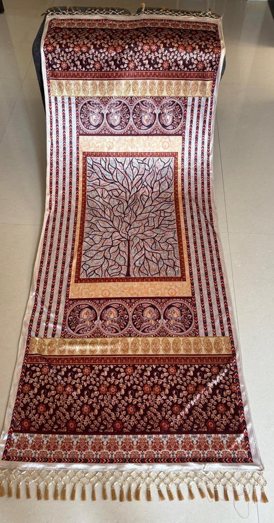 Elegant Maroon & Beige Shawl with Tree of Life Design – Traditional Ethnic Wrap with Tassels