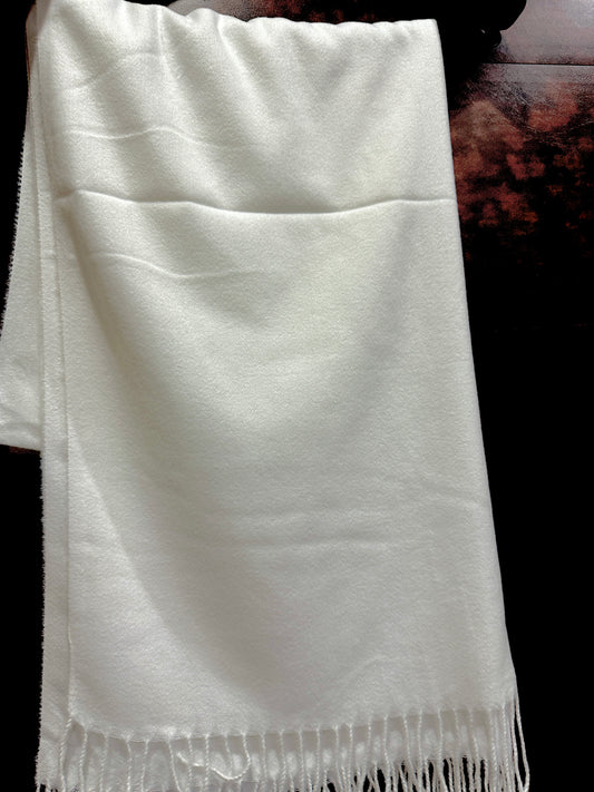Elegant Plain White Pashmina Style Shawl with Tassels