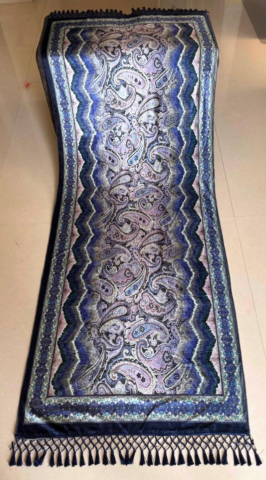 Luxury Blue Paisley  korean velvet Shawl with Zigzag Border – Elegant Ethnic Wrap