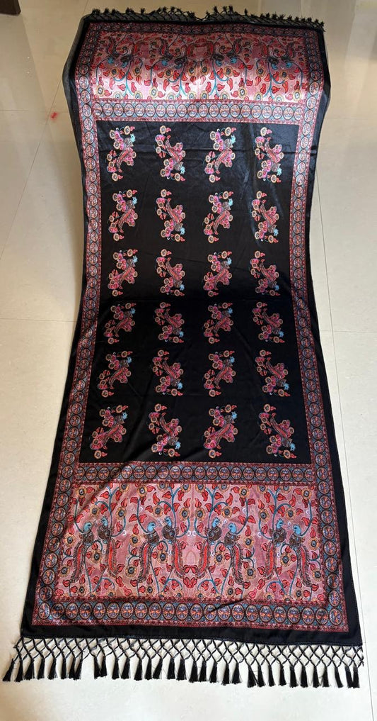 Elegant Black Ethnic Shawl with Multicolor Floral & Paisley Design – Tassel Border