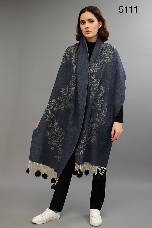 Elegant Navy Blue Floral Embroidered Shawl with Tassels