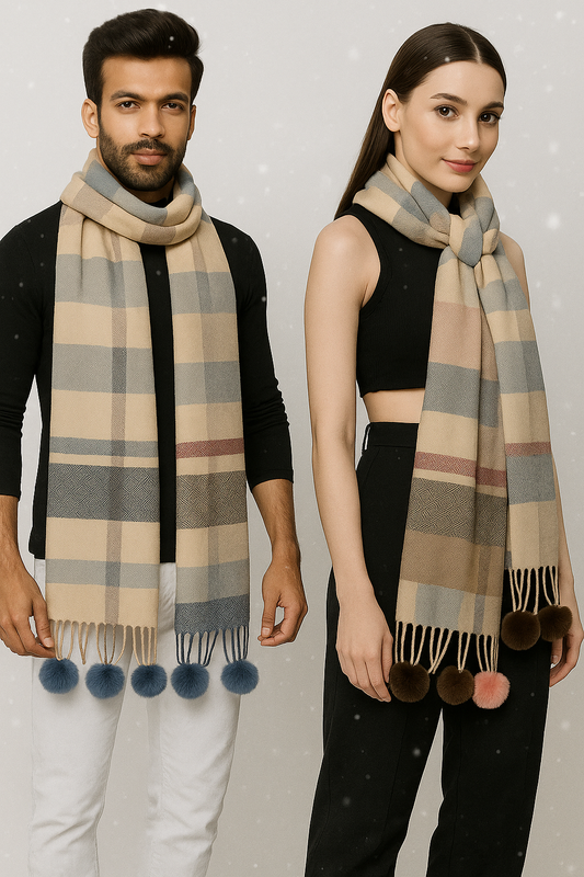 Unisex Checkered Winter Scarf with Pom-Pom Tassels
