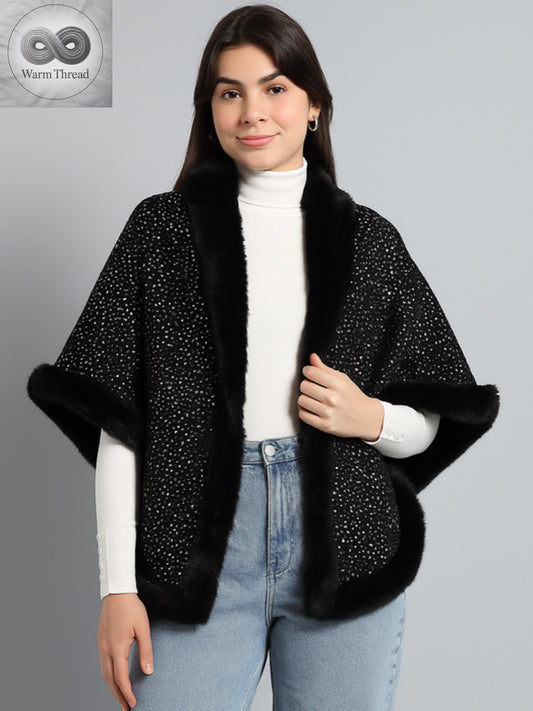 Elegant Black Winter Shrug with Faux Fur Trim – Warm Thread