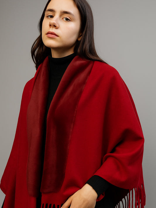 Elegant Red Woolen  with Fringed Edges