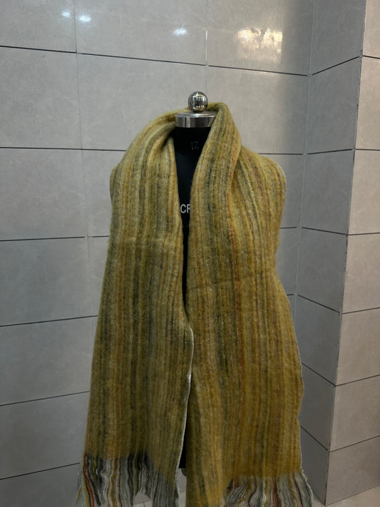 Handwoven Woolen Stole – Mustard Striped with Fringes